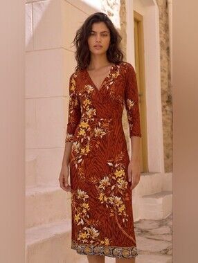 INC Sylvia Ikat Orange Yellow Floral Print Dress Size Medium
